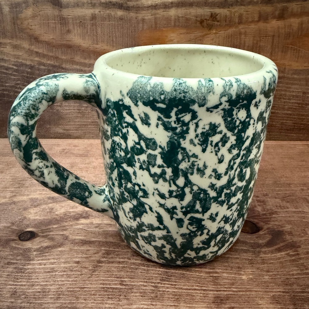 Green Spongeware Stoneware Coffee Mug Rustic Farmhouse Ceramic Splatterware